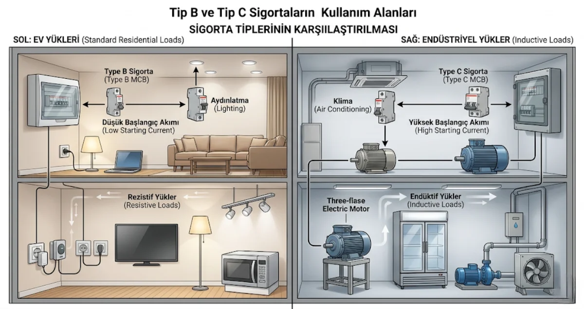 Ev ve endüstriyel yüklerde B tipi ve C tipi sigorta kullanım farklarını gösteren karşılaştırmalı görsel