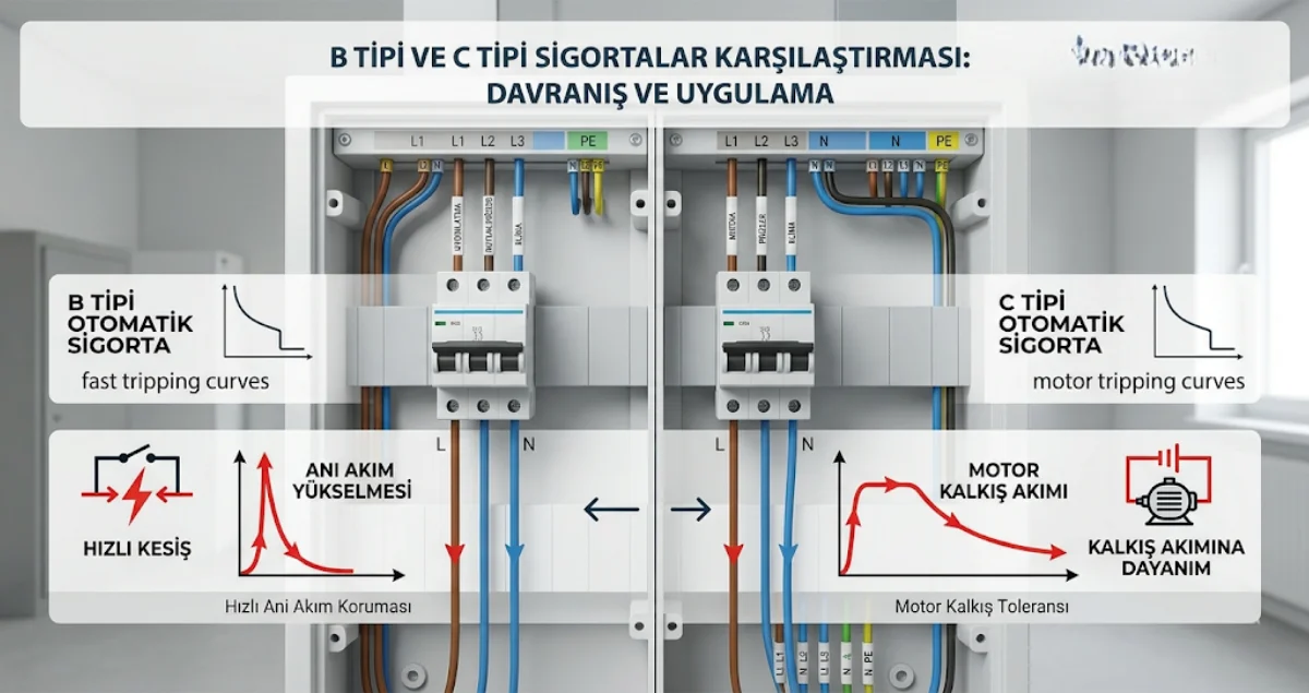 B tipi ve C tipi sigortaların elektrik panosunda çalışma karakteristiğini gösteren teknik karşılaştırma