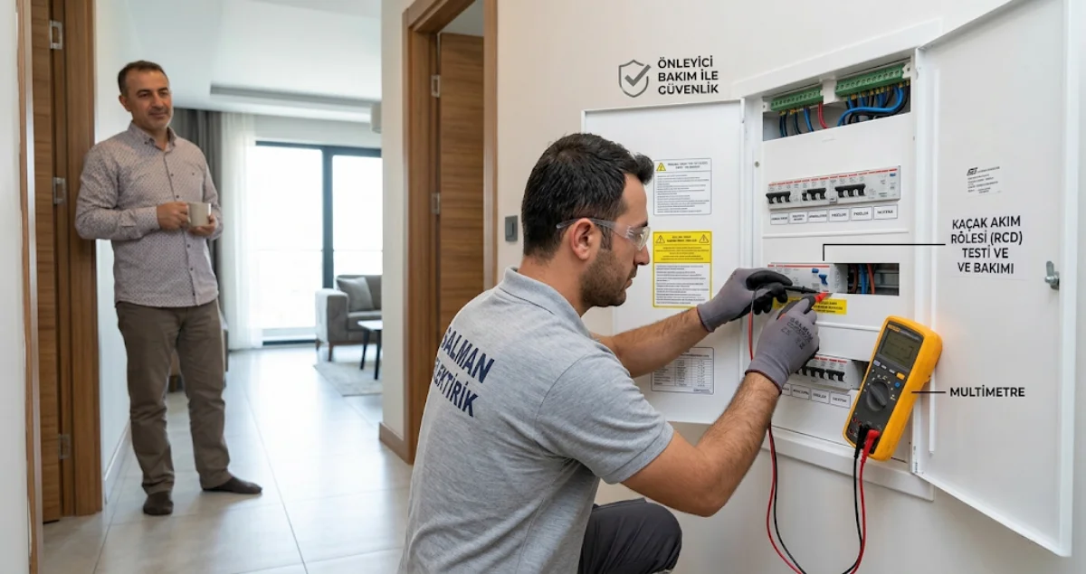Elektrik panosunda kaçak akım rölesi kontrolü yapan elektrikçi ve güvenlik önlemleri