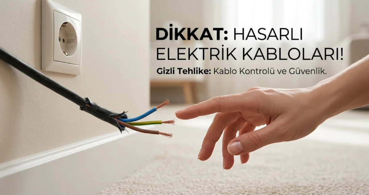Hasarlı kabloya dokunmak üzere olan bir el ile elektrik çarpması riskini anlatan görsel