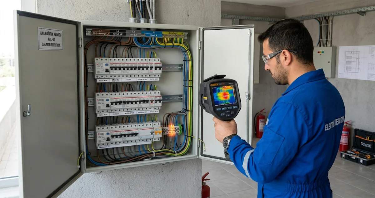 Elektrik panosunda termal kamera ile aşırı yük ve ısınma noktalarının kontrol edilmesi