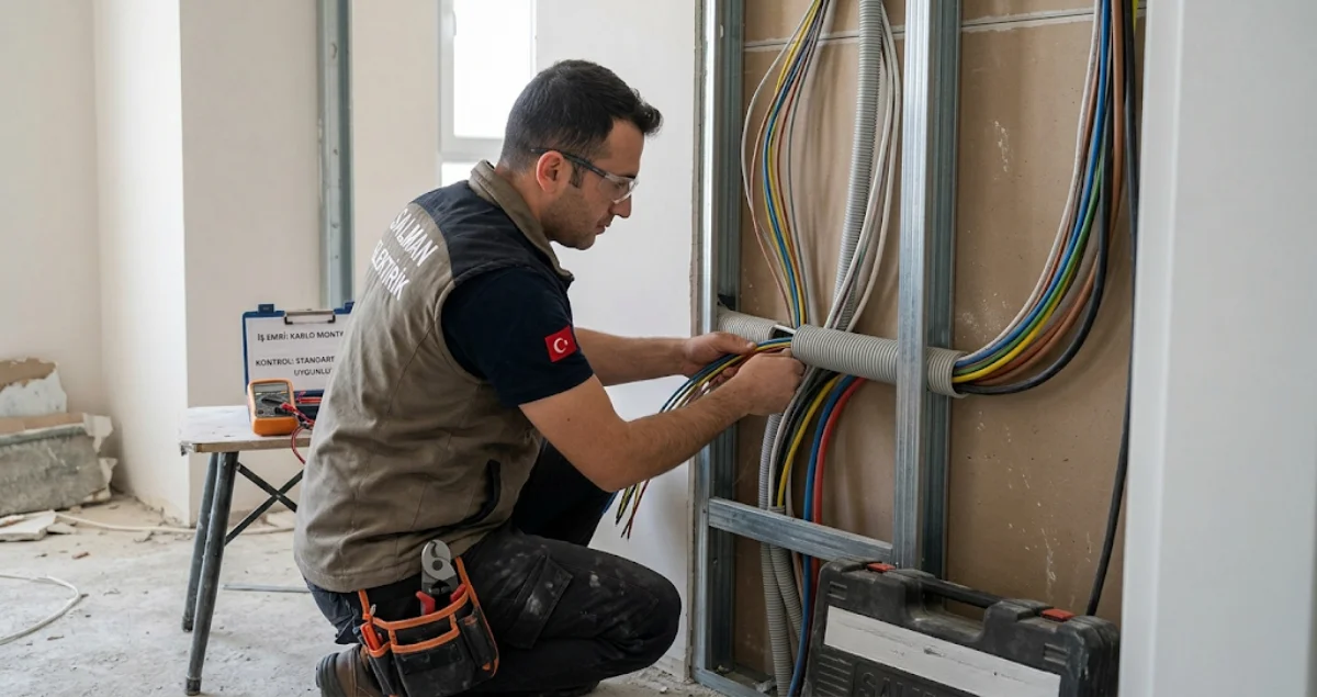 Elektrikçinin duvar içi tesisatta doğru kablo kesiti ile kurulum yaptığı gerçek yaşam sahnesi