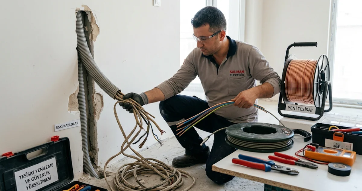 Elektrikçinin eski kabloları çıkarıp yeni tesisat kurduğu yenileme süreci görseli