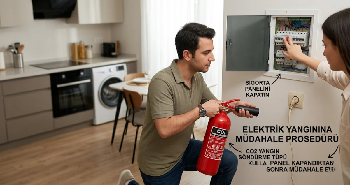 Evde elektrik yangınına karşı sigorta kapatma ve CO2 tüpü ile doğru müdahale senaryosu