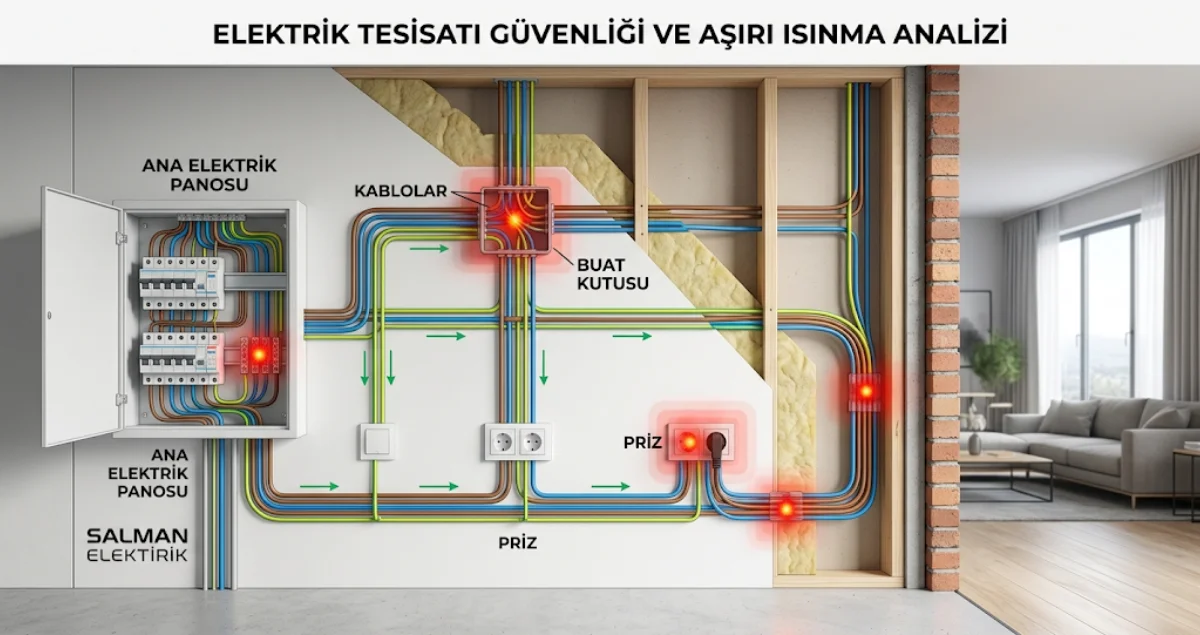 Ev içi elektrik tesisatında aşırı ısınma ve riskli noktaları gösteren teknik bina kesiti