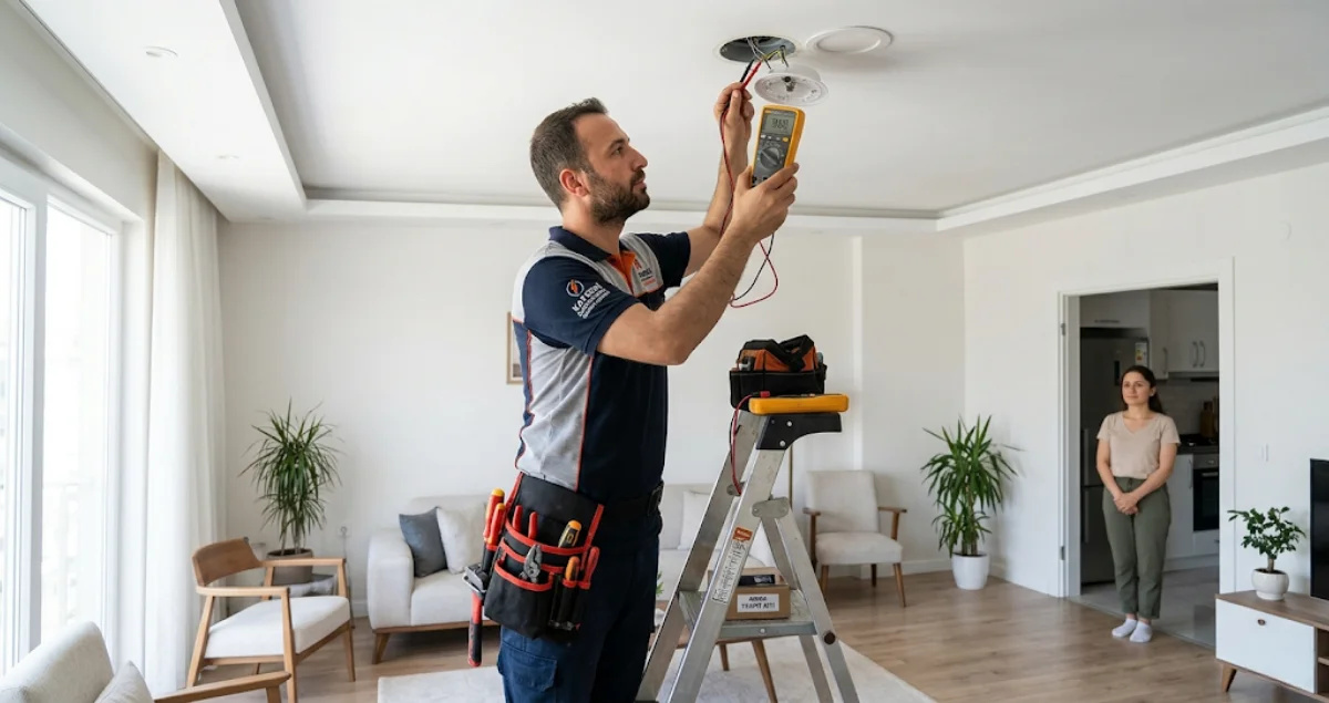 Elektrikçinin titreyen aydınlatma sistemini kontrol ettiği ve ölçüm yaptığı gerçek yaşam sahnesi