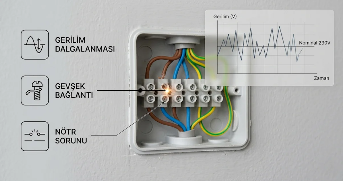 Gevşek elektrik bağlantısı ve voltaj dalgalanmasının ışık titremesine neden olduğunu gösteren teknik görsel