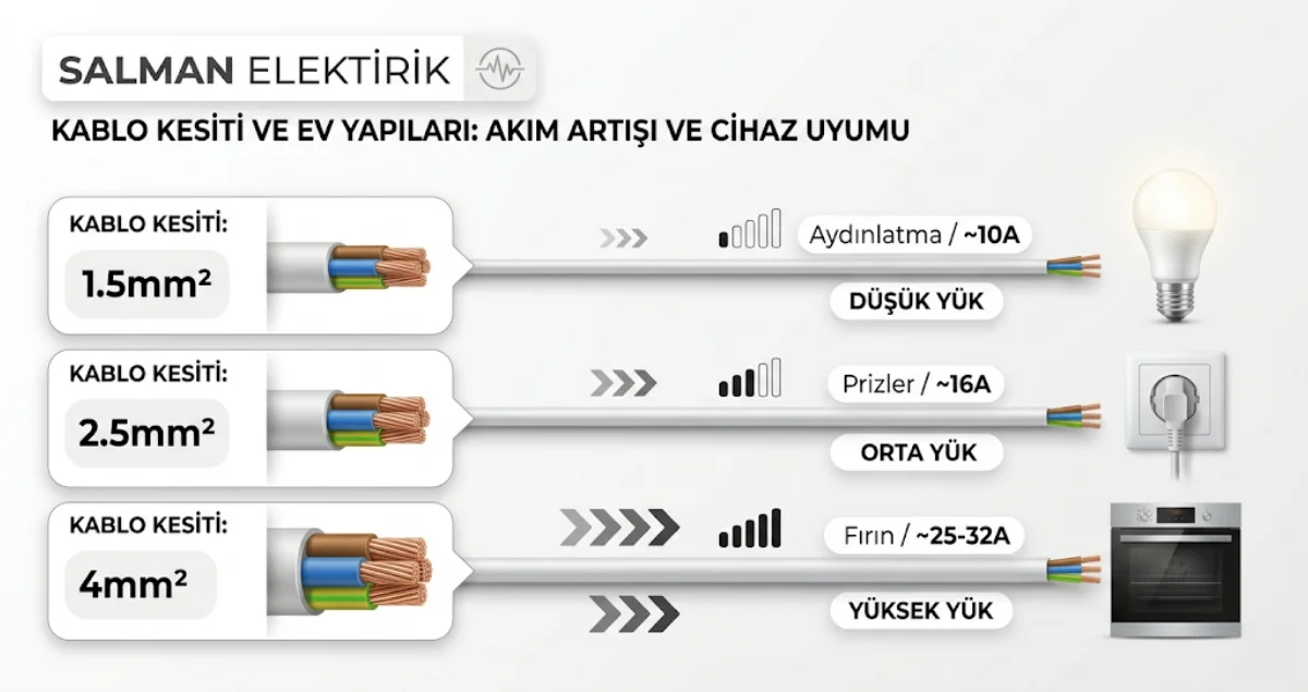 Farklı kablo kesitlerinin aydınlatma, priz ve yüksek güç cihazları için kullanımını gösteren teknik şema