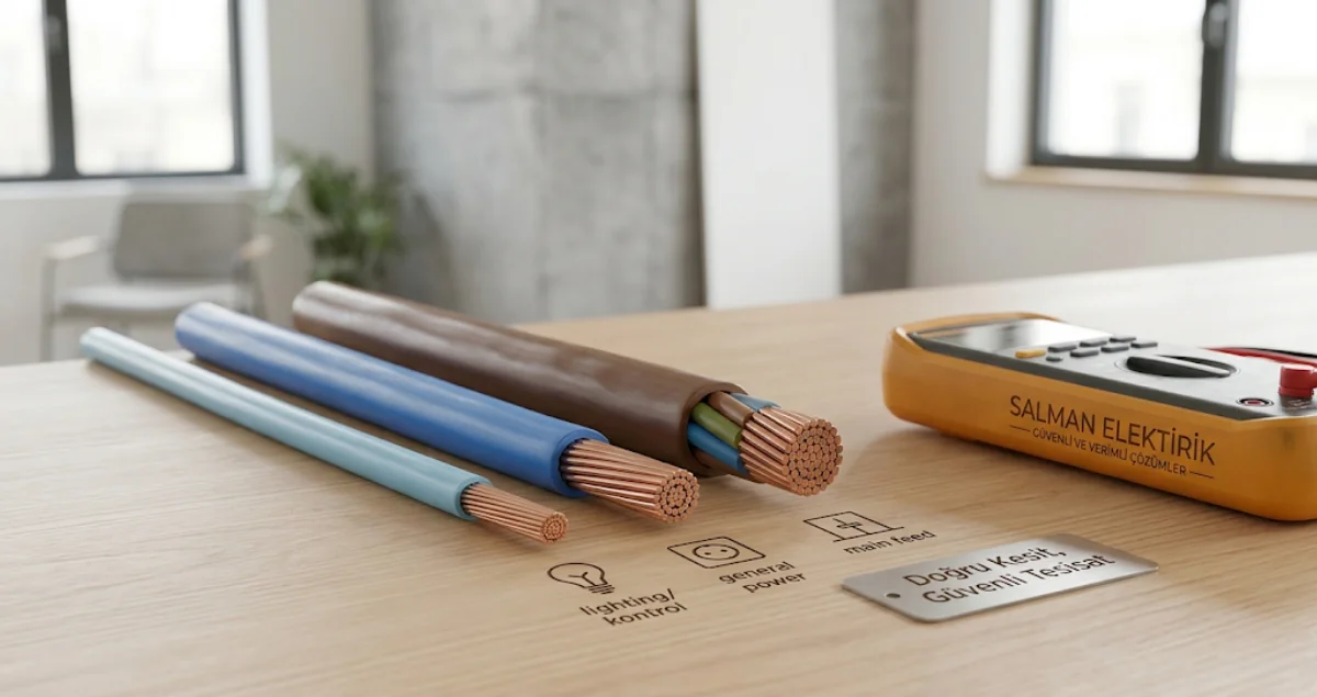 Farklı kalınlıklardaki elektrik kablolarının karşılaştırıldığı doğru kesit seçimini anlatan görsel