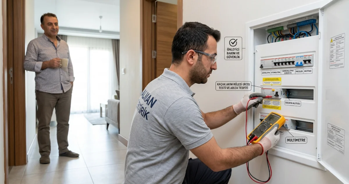 Elektrikçinin kaçak akım rölesi ve pano üzerinde arıza tespiti yaptığı gerçek yaşam sahnesi