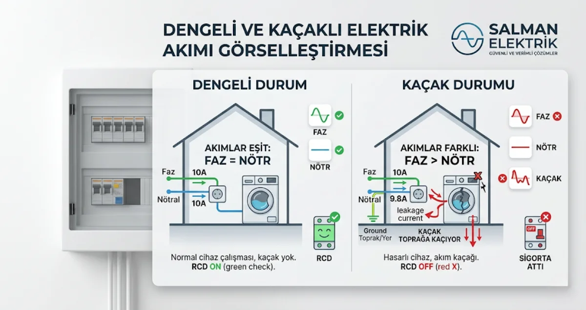 Faz ve nötr akım dengesizliği ile kaçak akım rölesinin çalışma prensibini gösteren teknik görsel