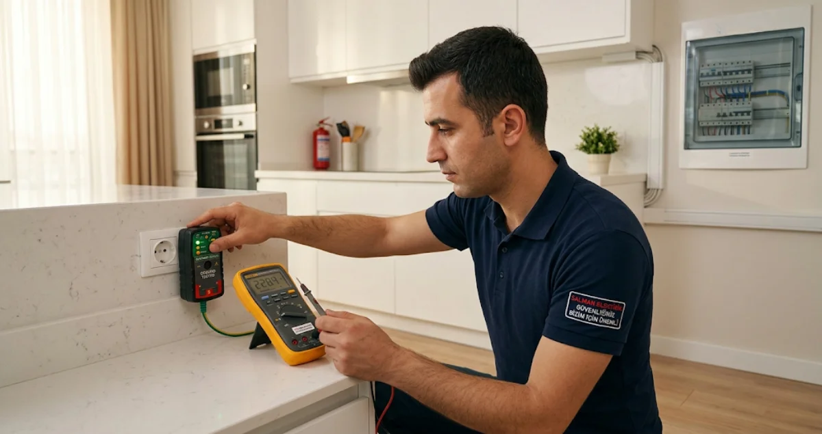 Elektrik teknisyeninin priz topraklama hattını test ettiği gerçek yaşam güvenlik kontrol sahnesi