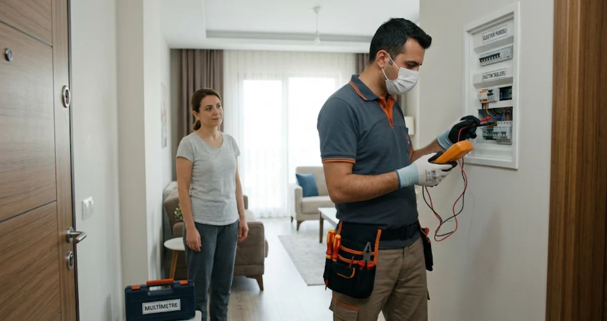 Elektrik panosunda arıza tespiti yapan profesyonel elektrikçi ve ölçüm cihazları ile kontrol süreci