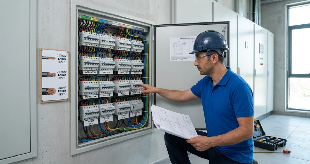Elektrik panosunda kablo kesitine göre doğru sigorta seçiminin kontrol edilmesi ve teknik uyum süreci