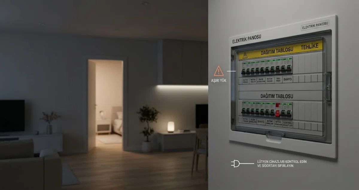 Evde elektrik sigortasının atması sonucu pano üzerindeki şalterin aşağı düşmüş hali