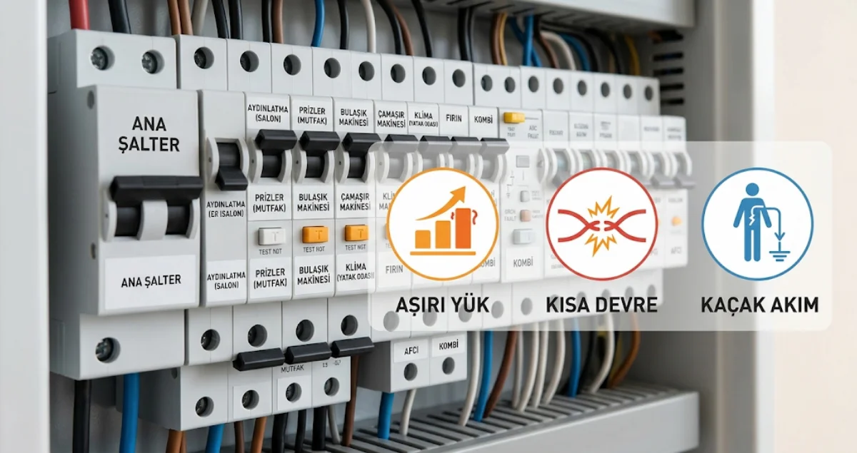 Elektrik panosunda sigorta atma nedenlerini gösteren teknik açıklamalı pano görseli