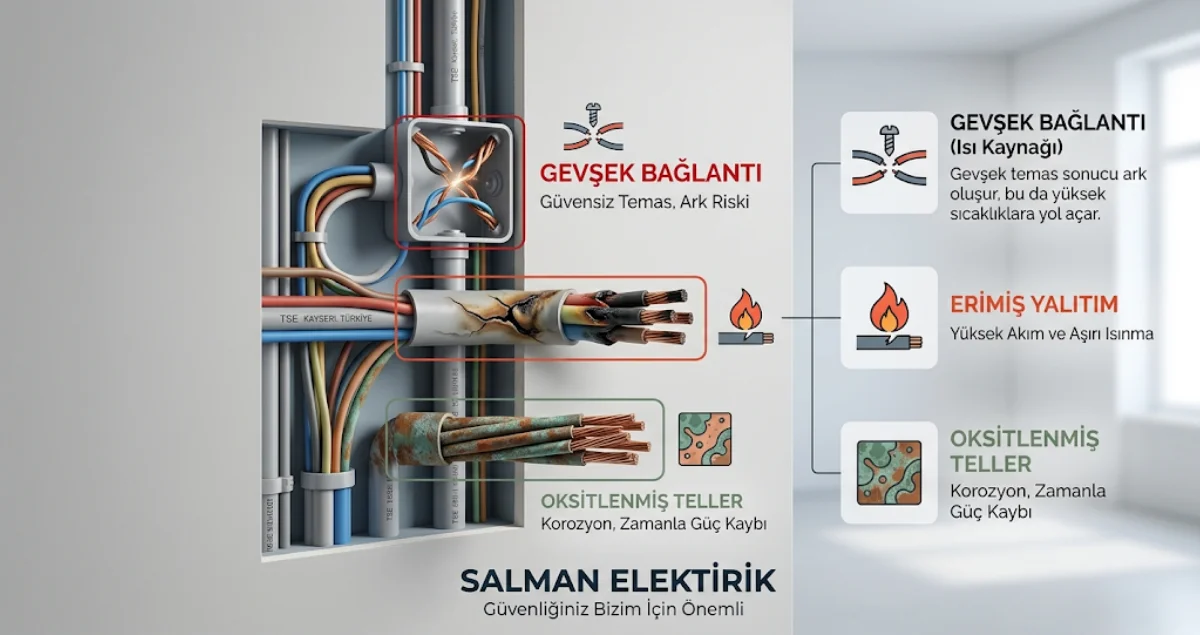 Duvar içindeki eski elektrik tesisatında erimiş kablo ve gevşek bağlantı sorunlarını gösteren teknik görsel