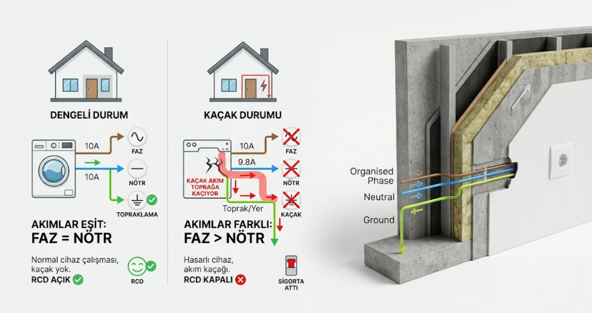 Elektrik kaçak akımının topraklama hattı üzerinden güvenli şekilde toprağa aktarılmasını gösteren bina kesit görseli