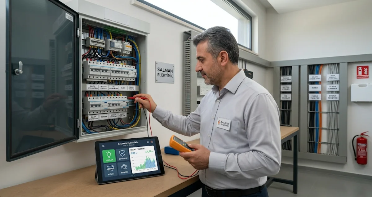 Villa elektrik panosunun akıllı sistem ile birlikte tablet üzerinden kontrol edilmesi sahnesi