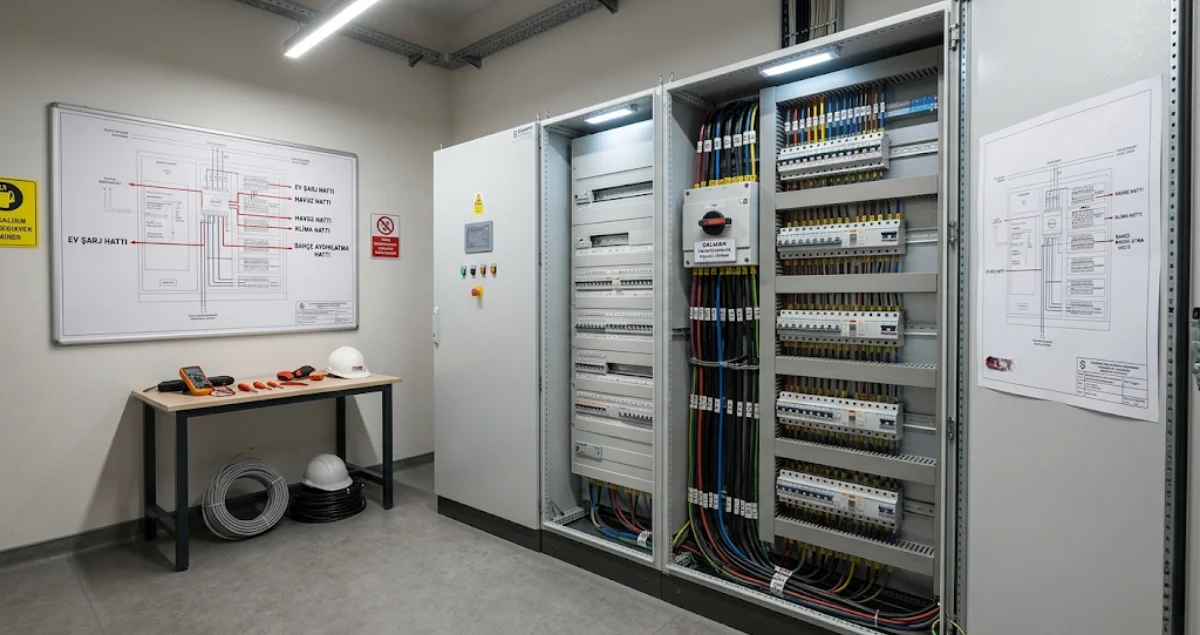 Villa elektrik panosu, trifaze dağıtım ve devre ayrımlarının teknik görünümü