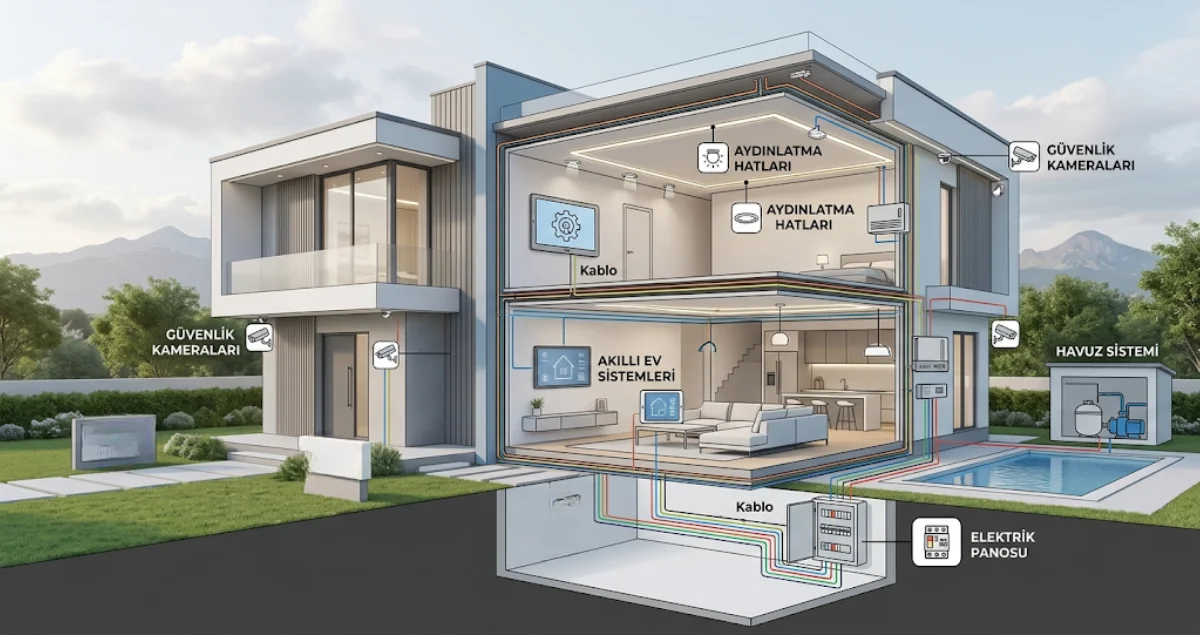 Modern villada akıllı ev sistemleri ve elektrik altyapısının kesit halinde gösterimi
